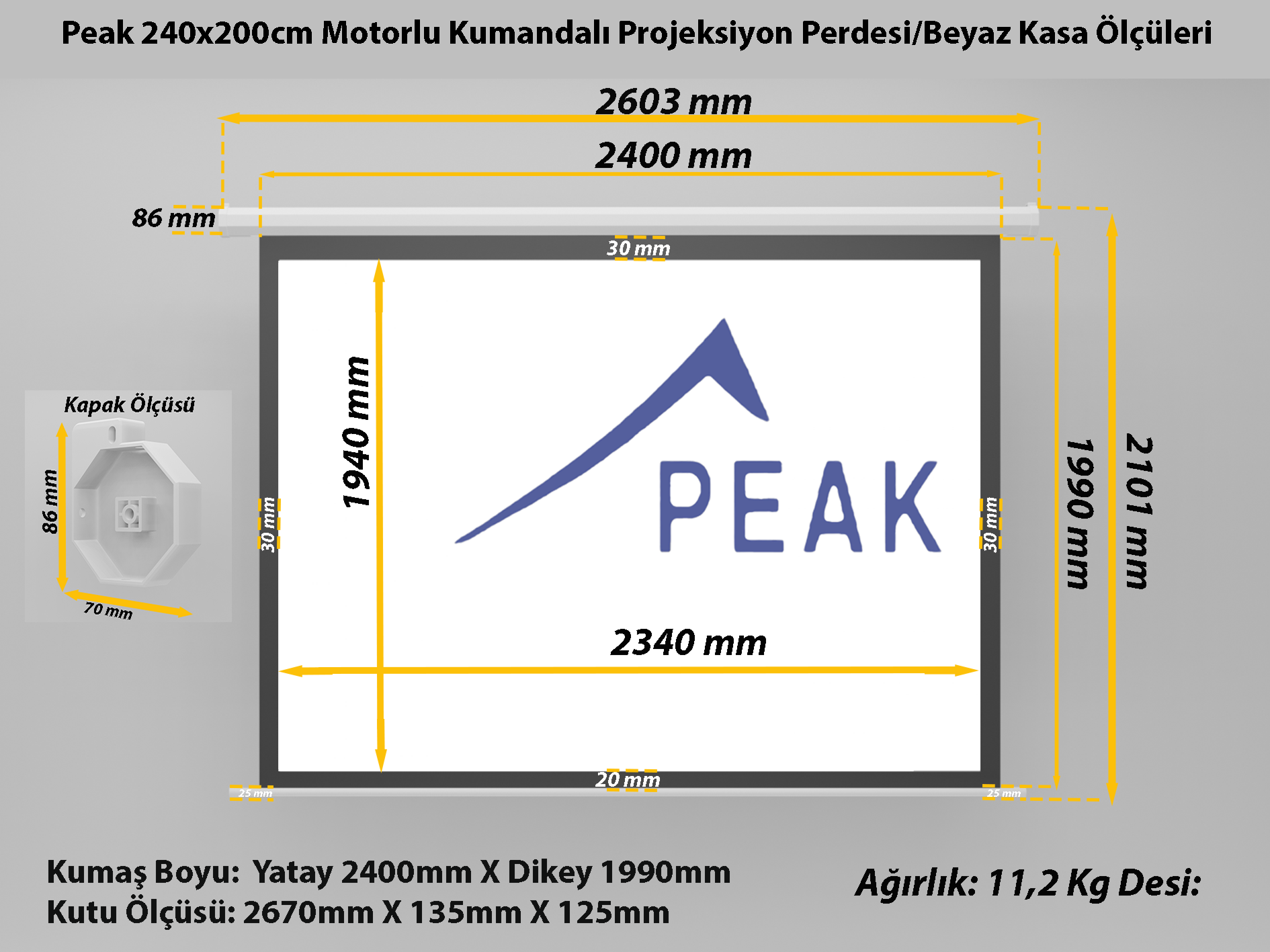 Peak M120 244×183 cm Motorlu Kumandalı Projeksiyon Perdesi-Beyaz Kasa teknik ölçü çizimi